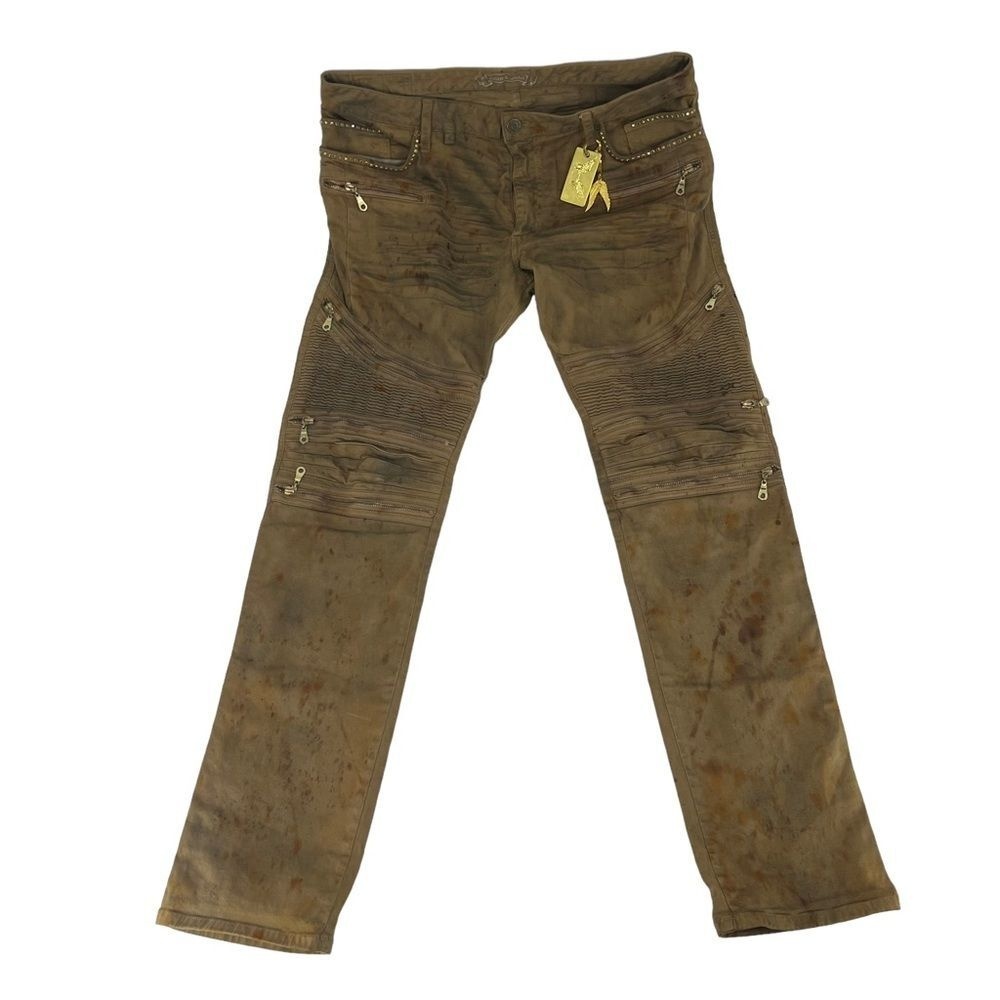 Robins Jeans Mens 36 Tan Biker Ribbed Paint Splatter Swarovski Stud‎ Pockets Zip